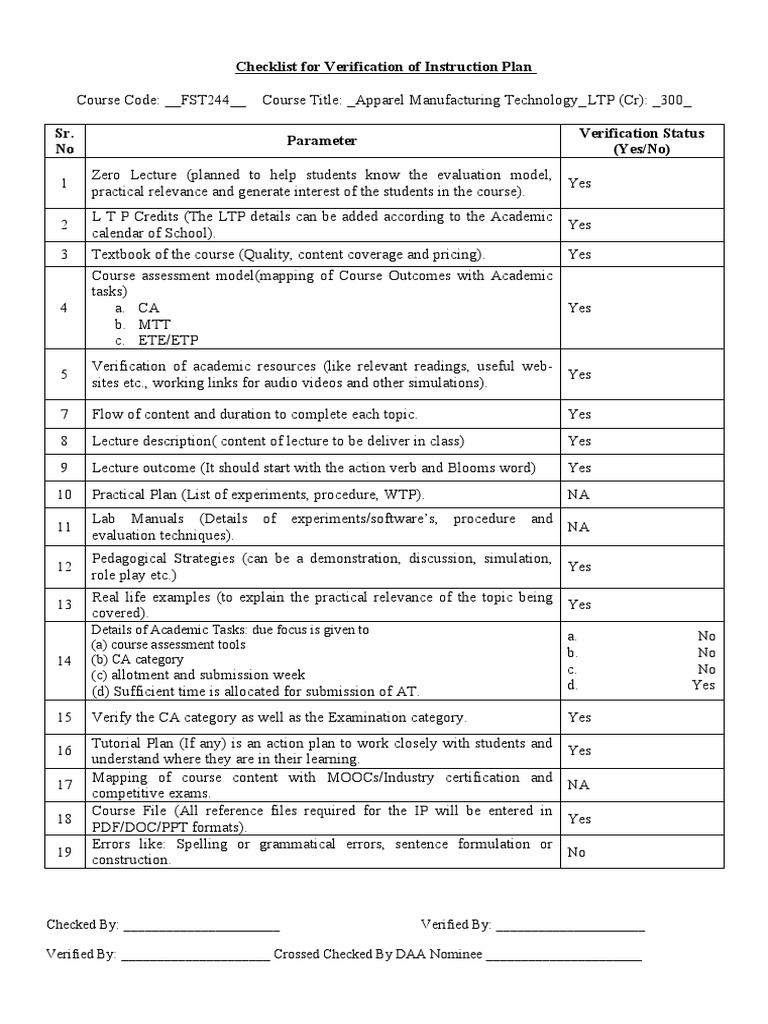 Checklist For Verification of Instruction Plan | PDF | Simulation ...