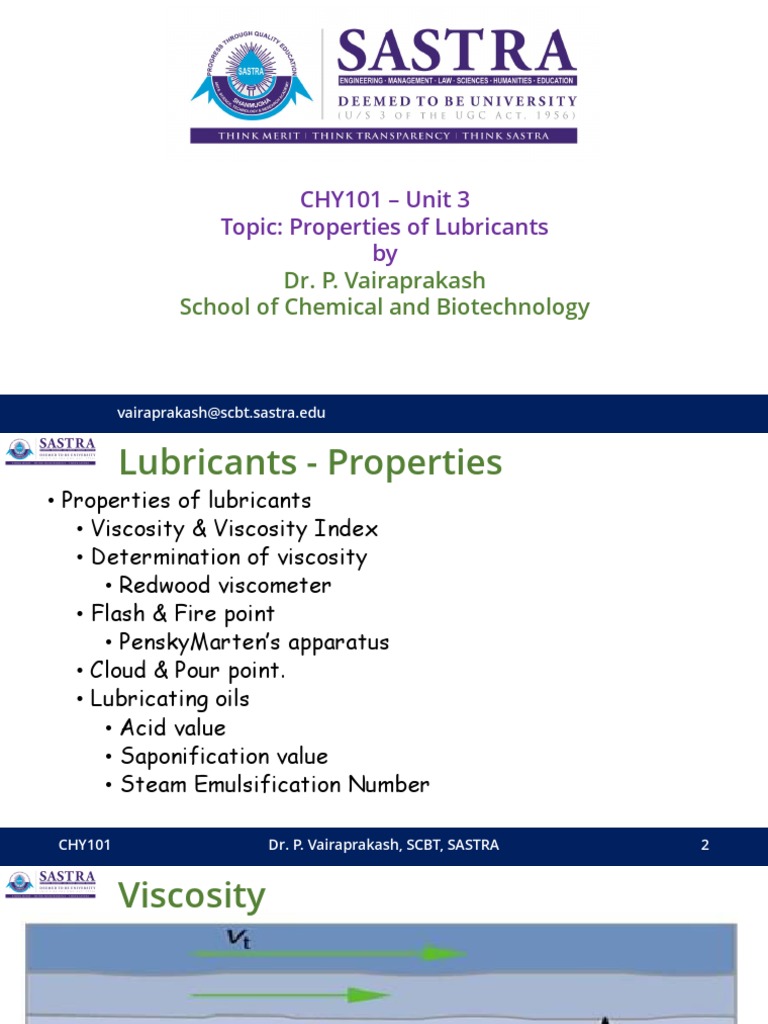 CHY101 Unit 3 Topic Properties of Lubricants By Dr. P. Vairaprakash