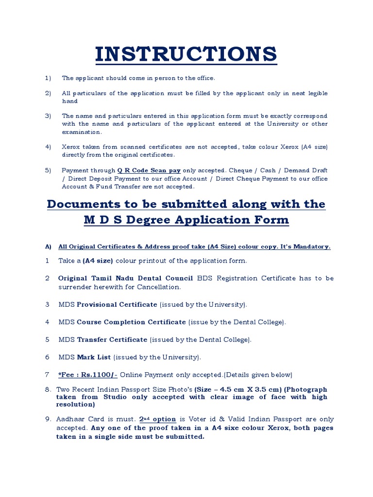 MDS Application Form PDF Dental Degree Cheque