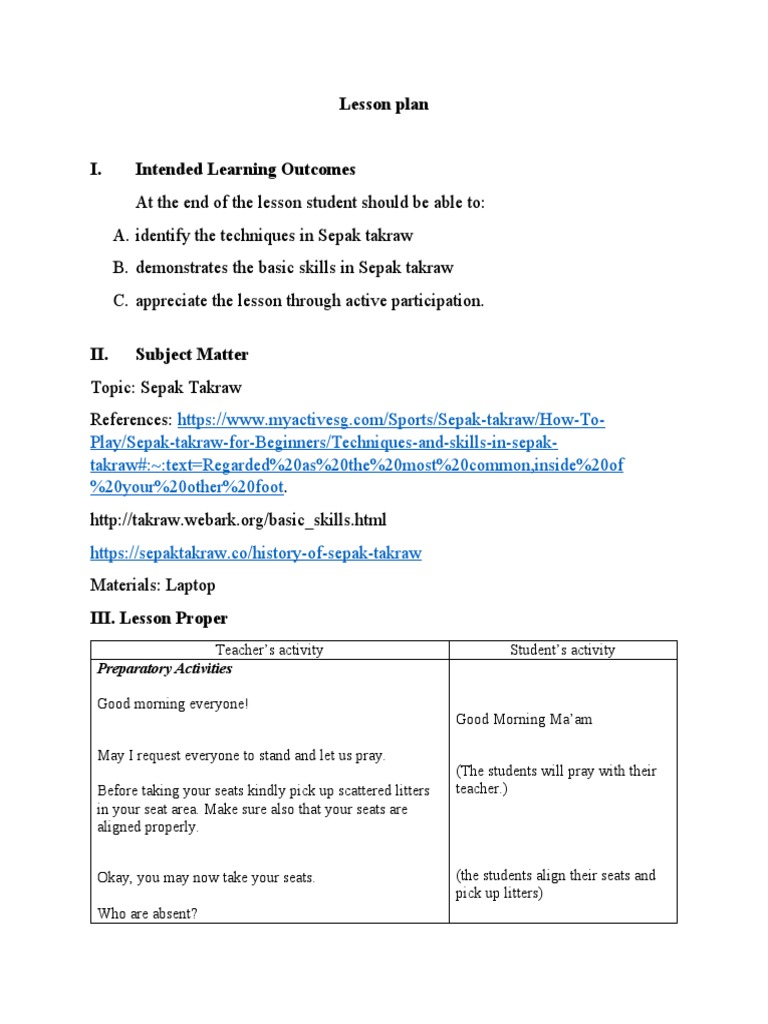 Lesson Plan Preparatory Activities PDF Volleyball Athletic Sports