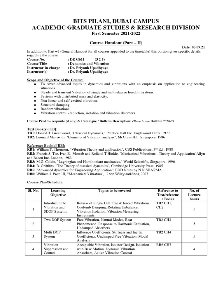 Dynamics and Vibrations Course Handout PDF Applied And