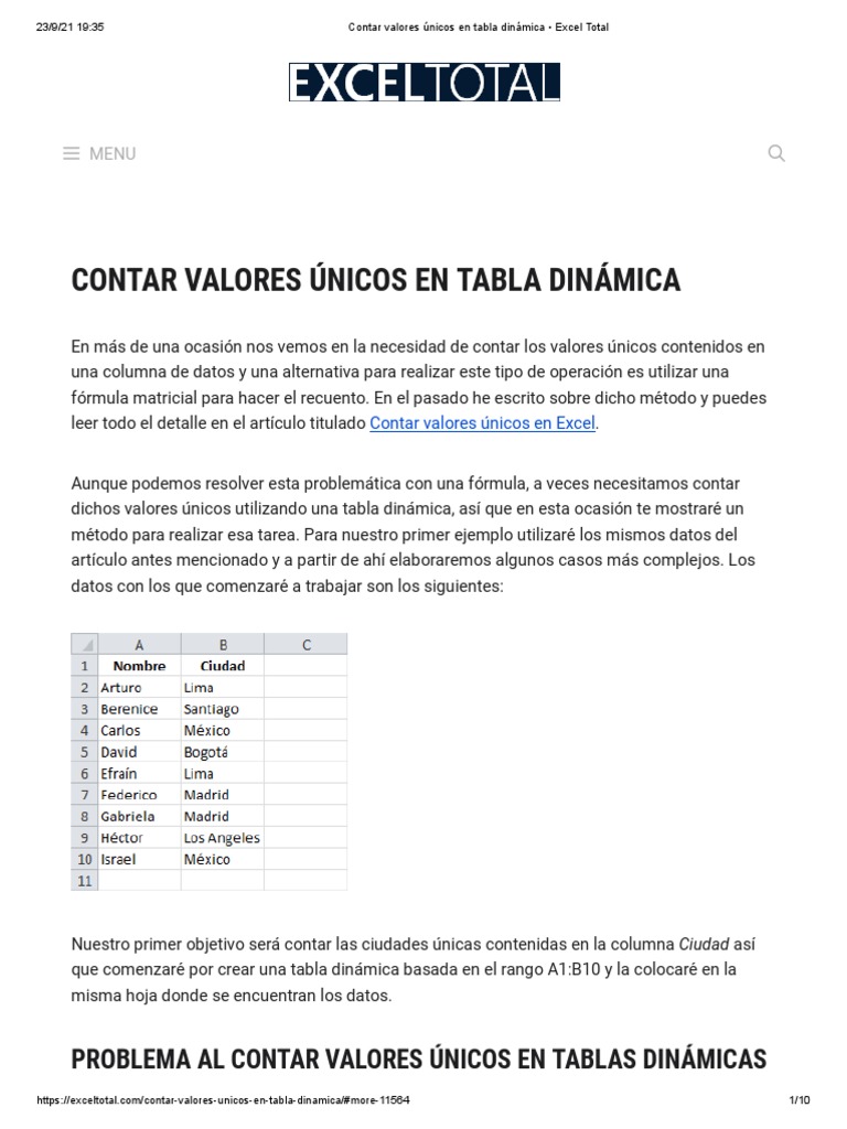 Contar Valores Únicos en Tabla Dinámica Excel Total PDF Microsoft