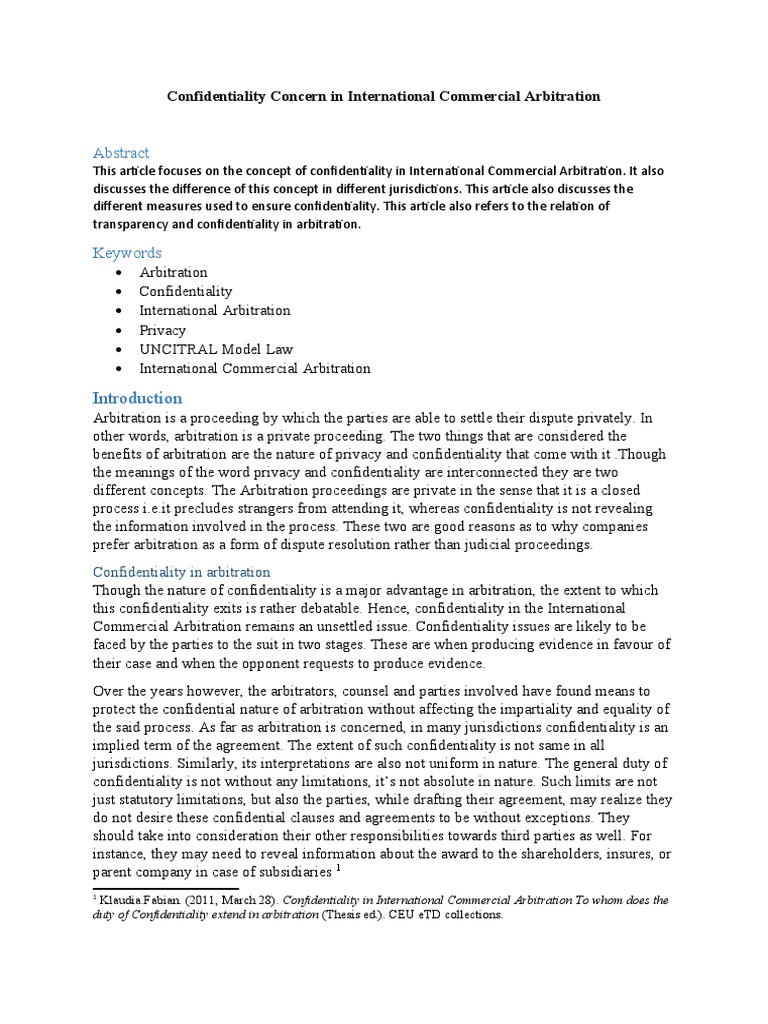 Confidentiality Concern in International Commercial Arbitration PDF