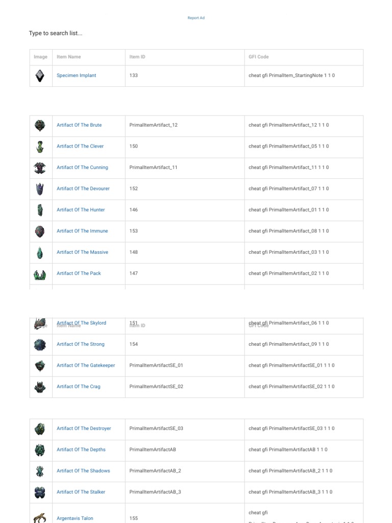 Ark Artifact Item ID List Ark IDs PDF