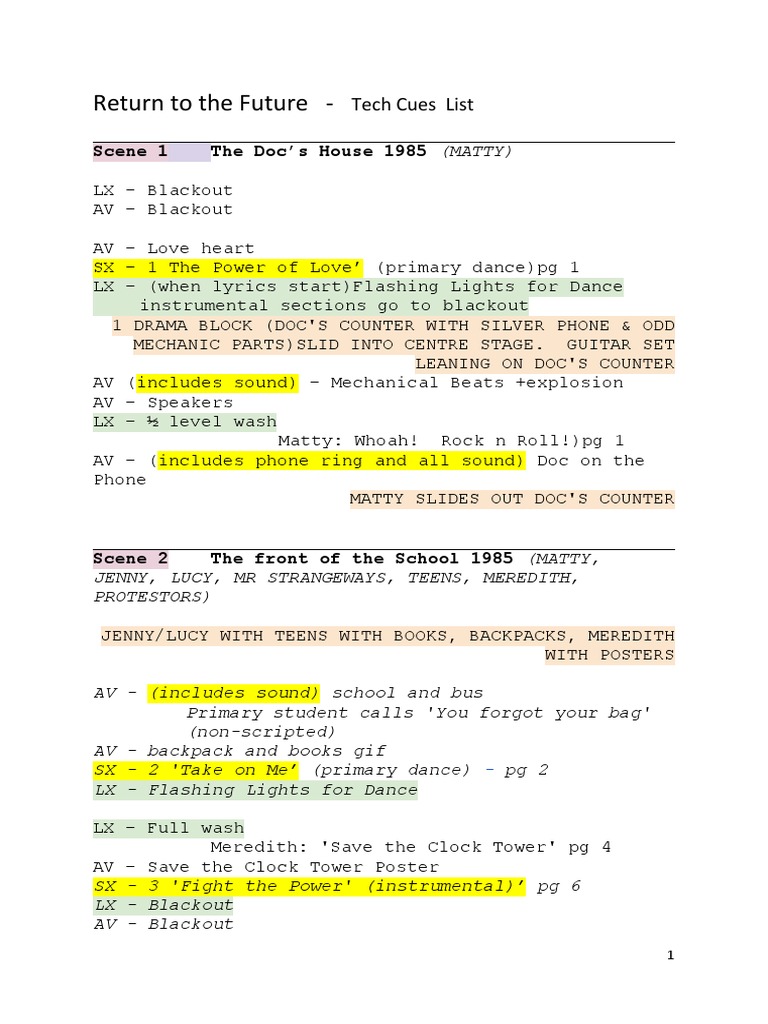 Stage Management Tech Cues - Return To The Future | PDF