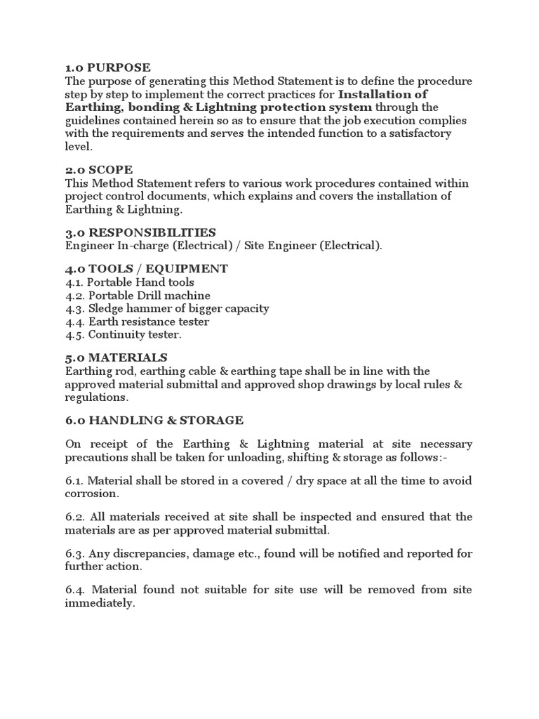 Earthing Method Statement | PDF | Wire | Pipe (Fluid Conveyance)