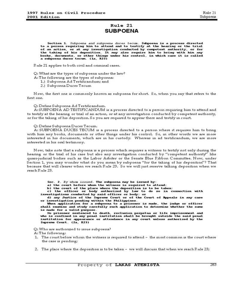 Rule 21 Subpoena | PDF | Subpoena | Subpoena Duces Tecum