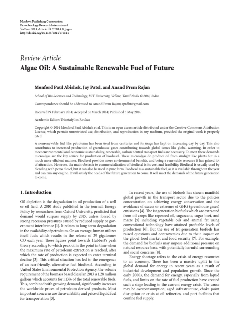 Algae Oil A Sustainable Renewable Fuel of Future | PDF | Algae Fuel ...