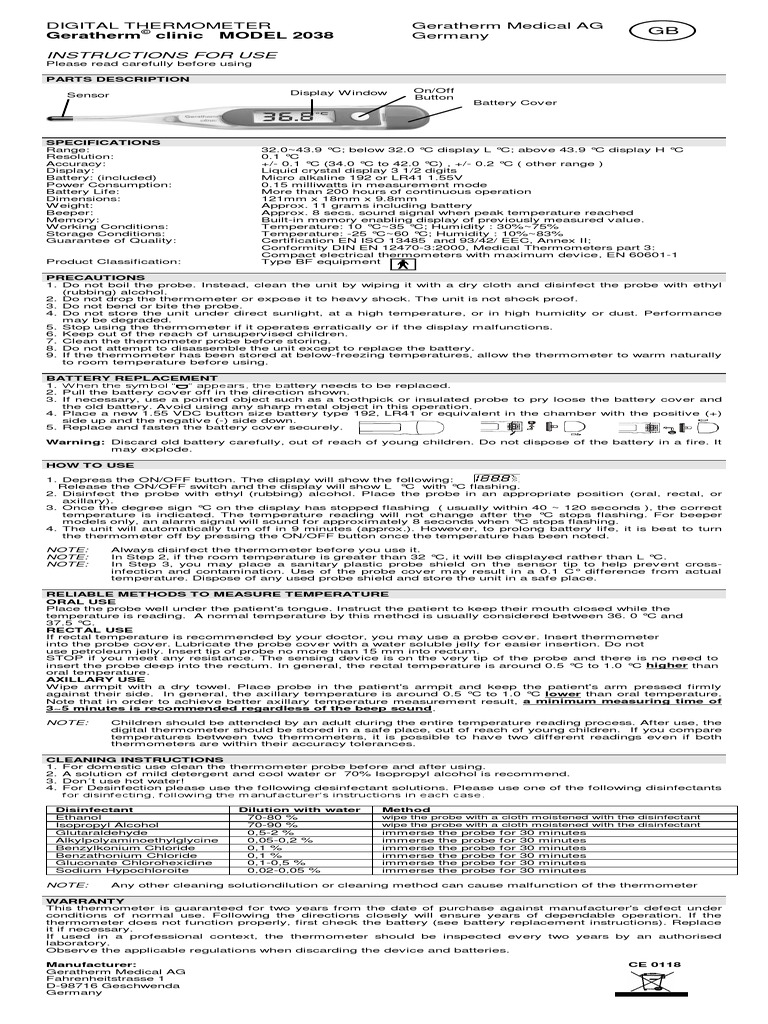 Thermometer User Manual Geratherm Clinic PDF Rectum Disinfectant