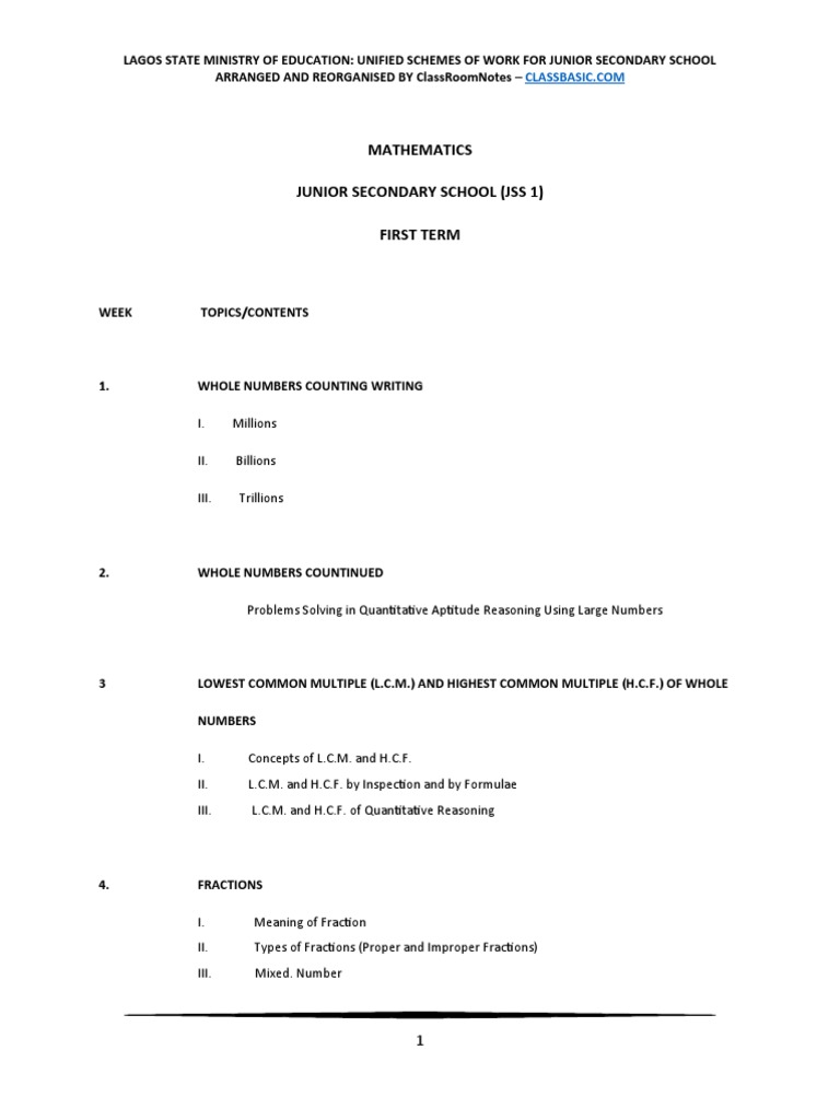 Mathematics Scheme of Work For Junior Secondary School JSS 1 | PDF ...