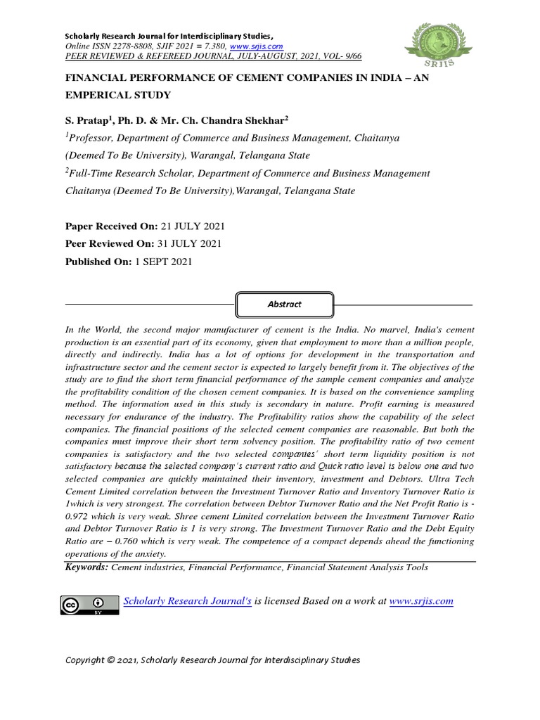 Financial Performance of Cement Companies in India - An Emperical Study ...