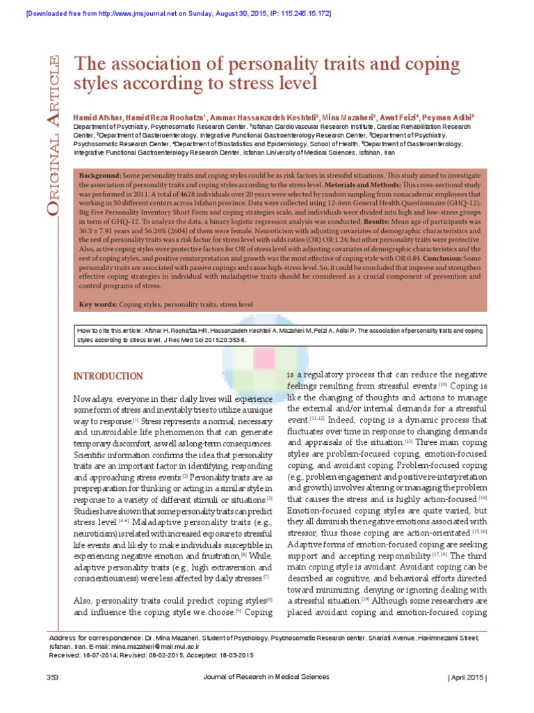Personality Traits and Stress Coping Styles | PDF | Correlation And ...