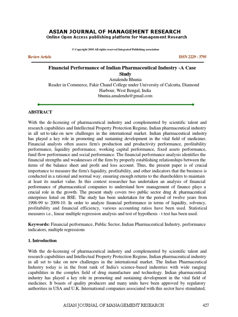 Financial Performance of Indian Pharmaceutical Industry - A Case Study ...