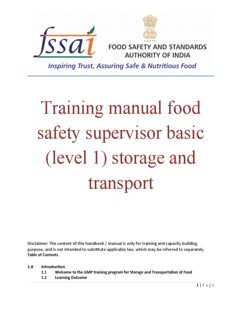 Training Manual Food Safety Supervisor Basic (Level 1) Storage and Transport PDF Food Safety