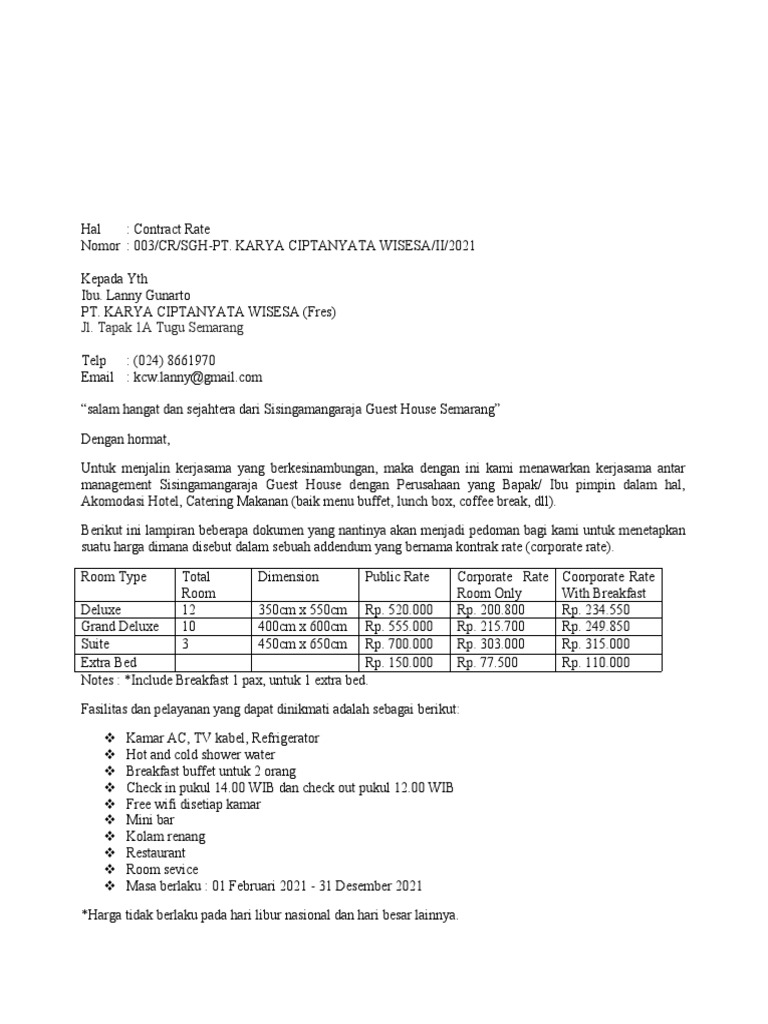 Penawaran Contract Rate Hotel 2021 | PDF