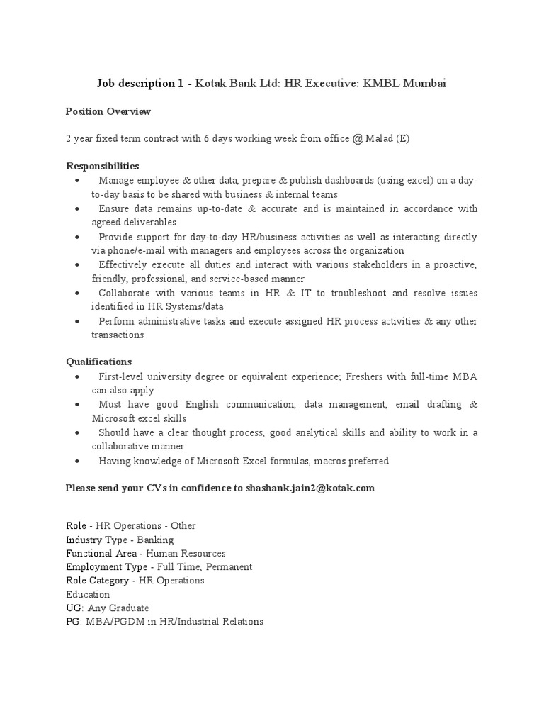 Job Descriptions - HR Executive | PDF | Human Resources | Human Resource  Management