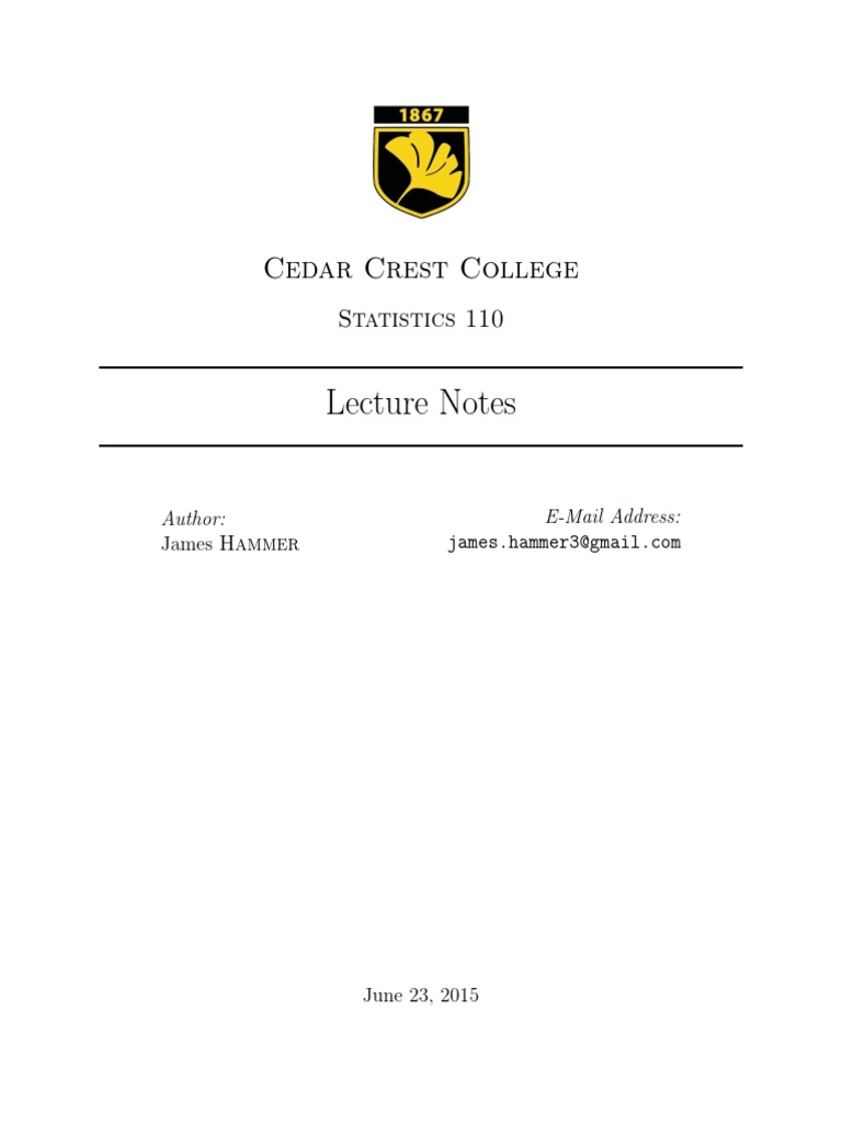Statistics 110, Lecture Notes Cedar Crest College PDF Statistics