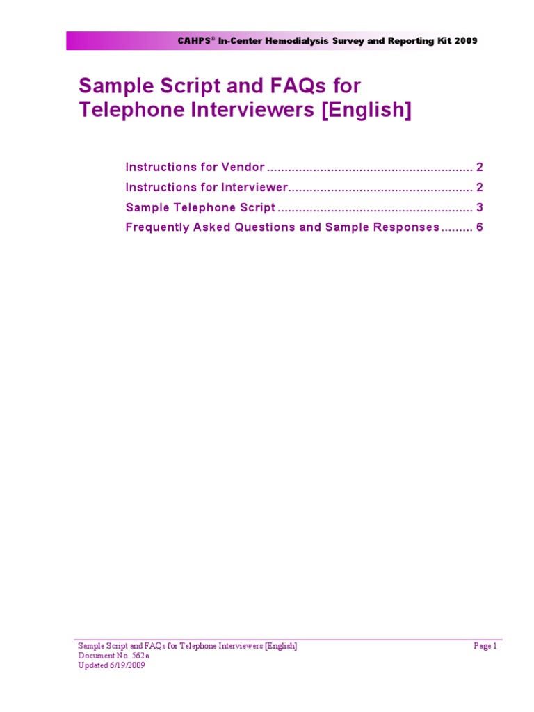Sample Script and Faqs For Telephone Interviewers (English) : Cahps In ...