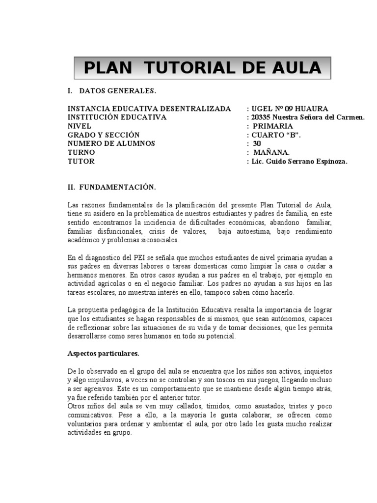 Plan Tutorial para Aula de Primaria | PDF | Salón de clases | Evaluación
