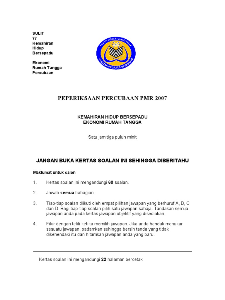 Kemahiran Hidup Ert Percubaan Pmr 2007 Pdf