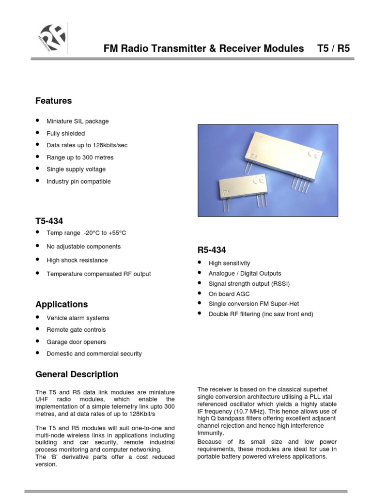FM Radio Transmitter & Receiver Modules T5 / R5 Features PDF Antenna (Radio) Bandwidth