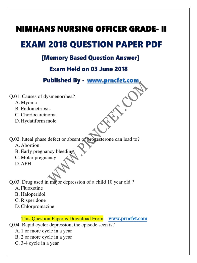 NIMHANS Staff Nurse Paper 2018 PDF Childbirth Pregnancy