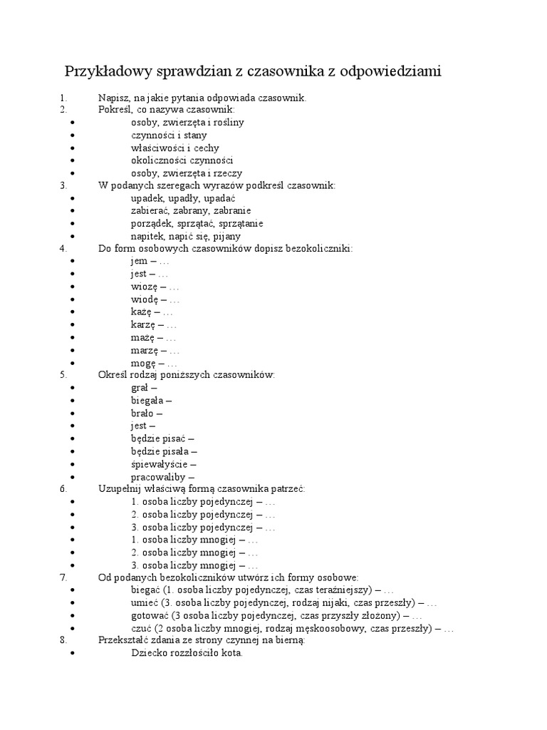 Sprawdzian Z Czasownika Klasa 4 Pdf