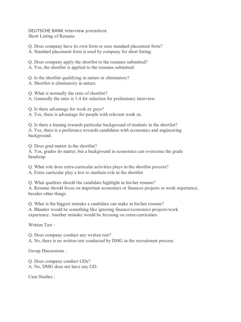 DEUTSCHE BANK Interview Procedure | PDF | Interview | Learning