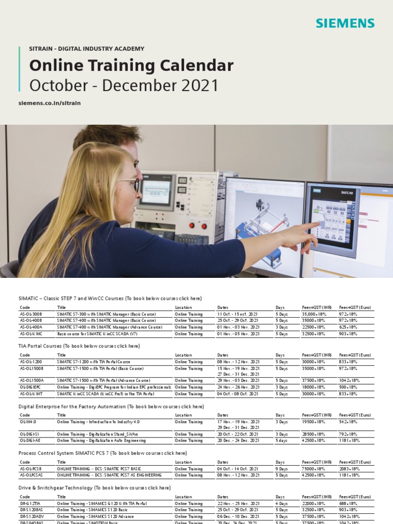 Siemens SITRAIN Digital Industry Academy Online Training Calendar for