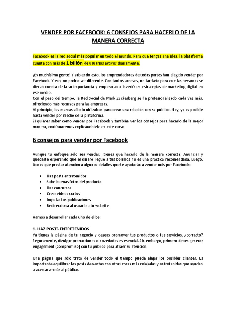 Consejos para Vender Efectivamente en Facebook | PDF | Facebook | Marketing