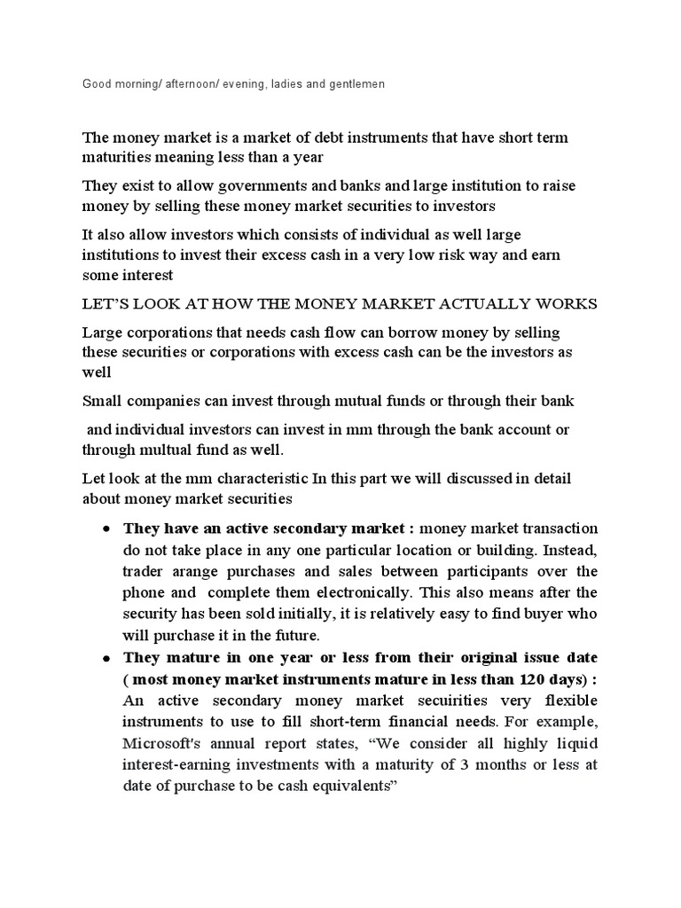 An Introduction to the Money Market How it Works, its Characteristics