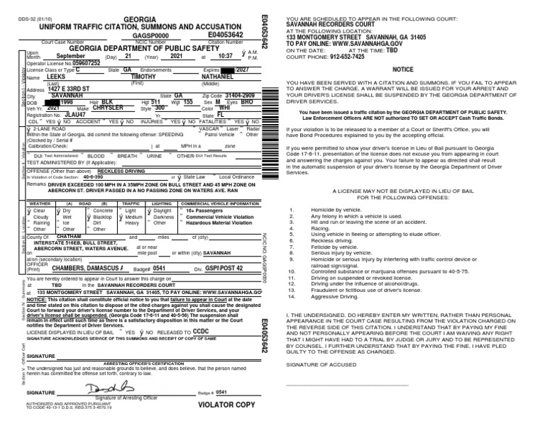 Savannah Court Citation Notice | PDF | Summons | Traffic Ticket