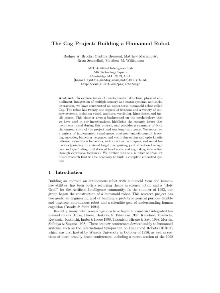 The Cog Project: Building A Humanoid Robot: (Brooks, Cynthia, Maddog ...