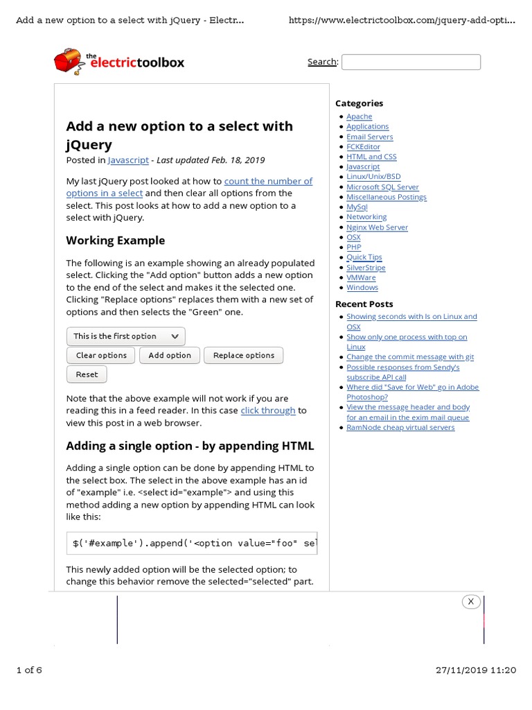 Add A New Option To A Select With Jquery Pdf J Query Internet Web