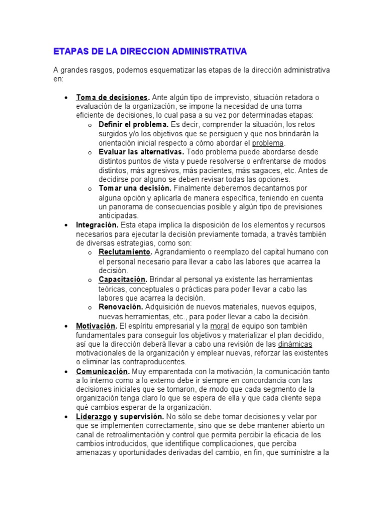Etapas de la Dirección Administrativa | PDF | Toma de decisiones | Business
