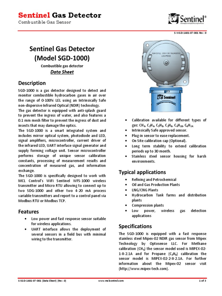 SGD-1000 Combustible Gas Detector Data | PDF | Sensor | Propane