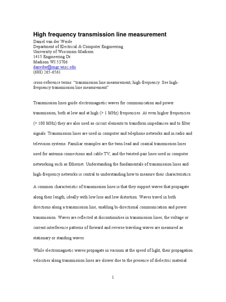 High Frequency Transmission Line Measurement Danvdwengr Wisc.edu