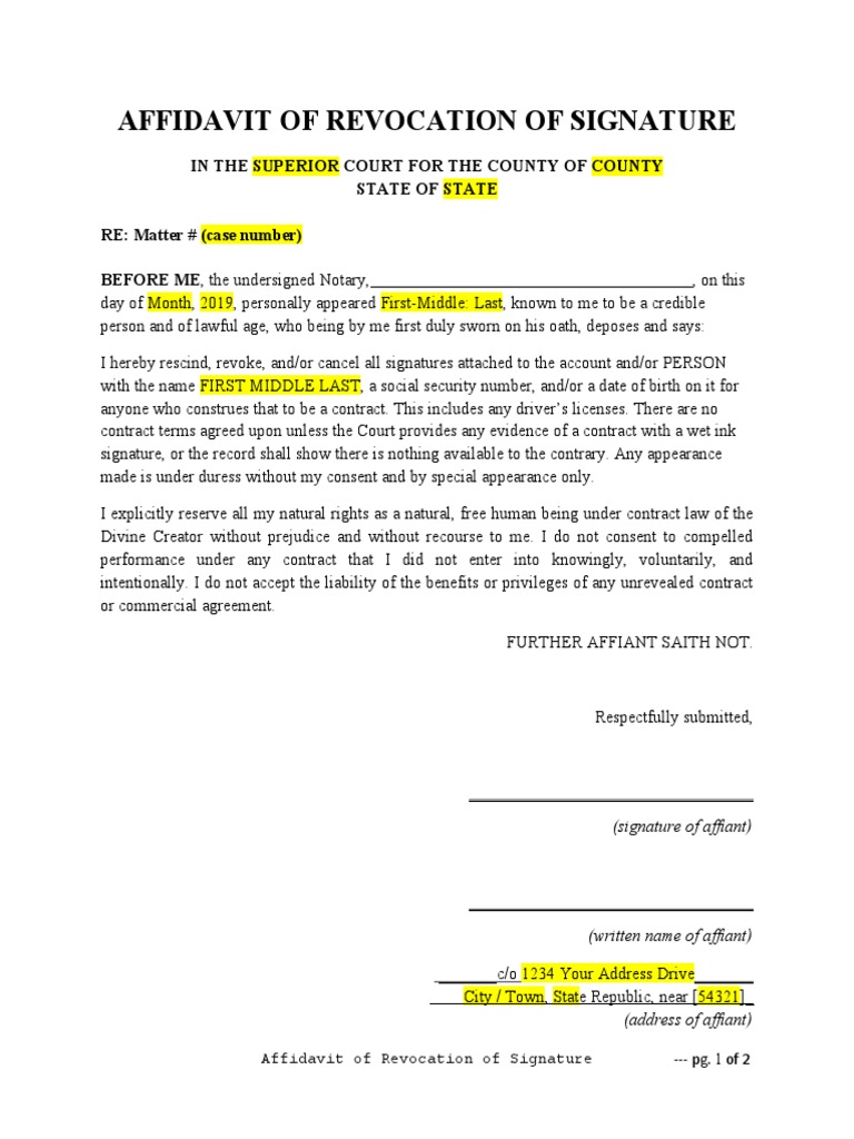 Affidavit of Revocation of Signature Template PDF Affidavit