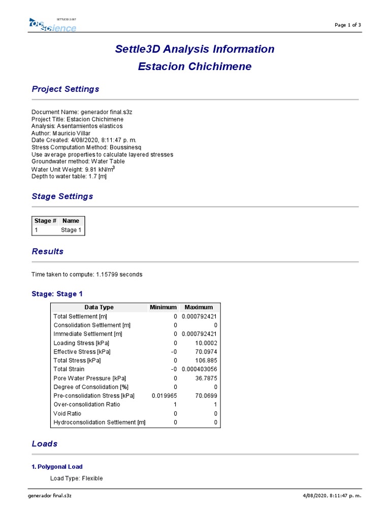 Settle3D Analysis Information Estacion Chichimene: Project Settings ...