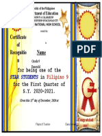 Certificate of Recognitio N Name For Being One of The in For The First Quarter of S.Y. 2020-2021