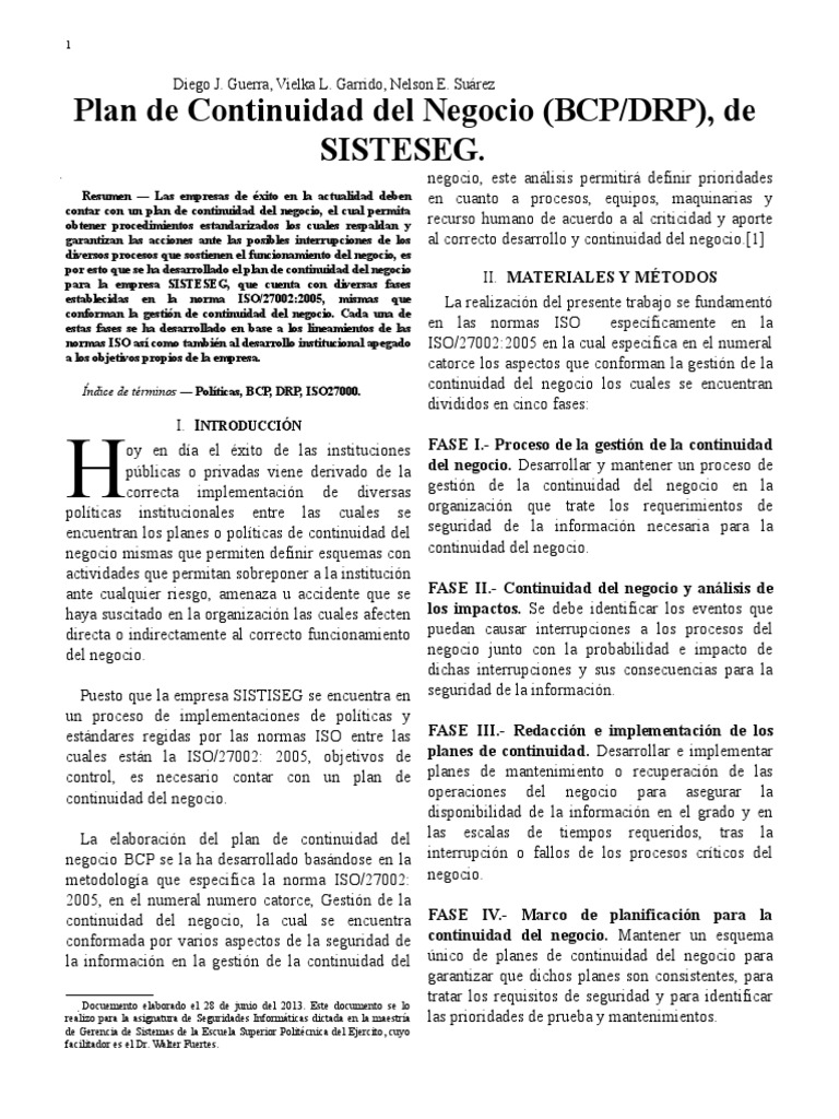 Plan de Continuidad del Negocio BCP/DRP | PDF