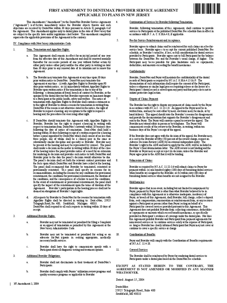 First Amendment To Dentemax Provider Service Agreement Applicable To