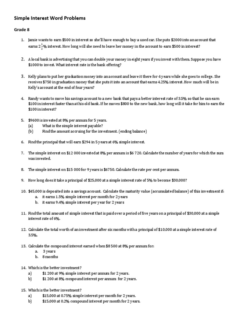 Grade 8 Simple Interest Problems | PDF | Interest | Compound Interest