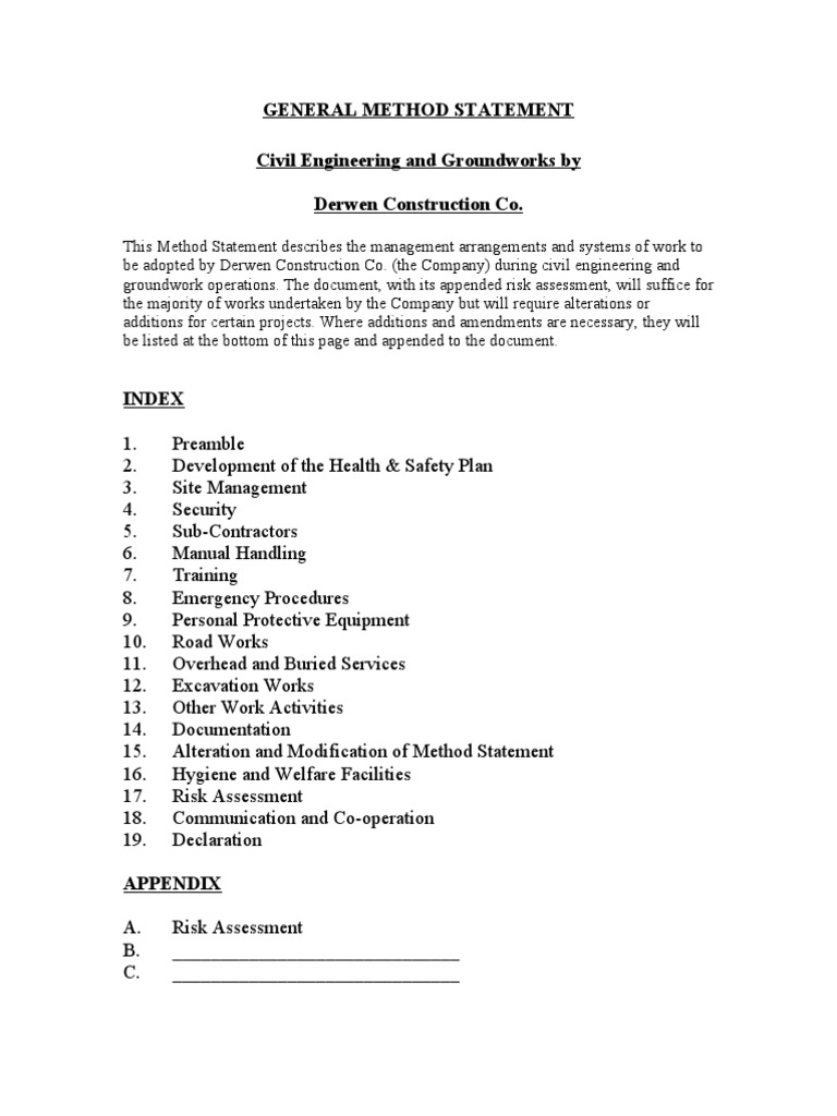 Civil Engineering Method Statement | PDF | Occupational Safety And ...