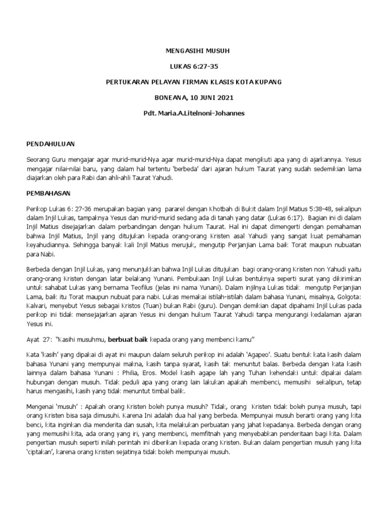 Mengasihi Musuh, Lukas 6 | PDF