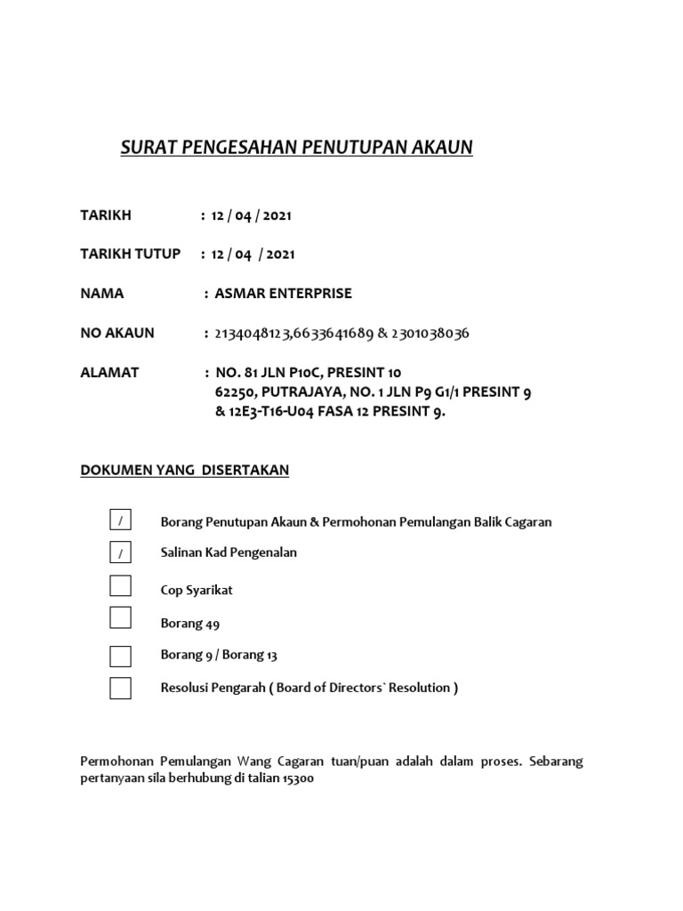 Contoh Format Surat Pengesahan Penutupan Akaun Syabas Pdf