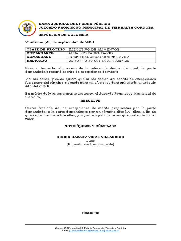 Ordena Correr Traslado Contestacion Demandante PDF