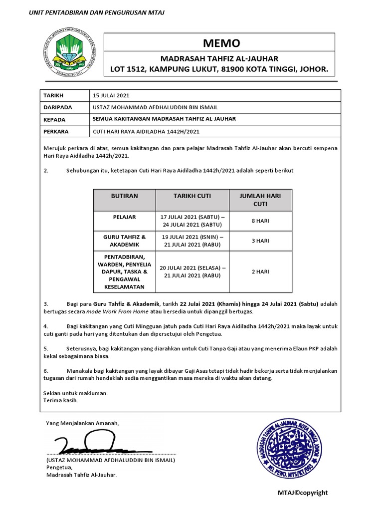 03 - Memo Cuti Hari Raya Aidil Adha Staf MTAJ 2021 | PDF