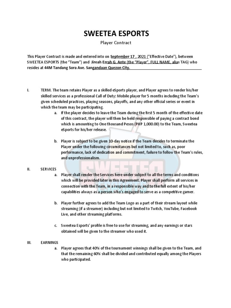 SWEETEA ESPORTS Player Contract | PDF