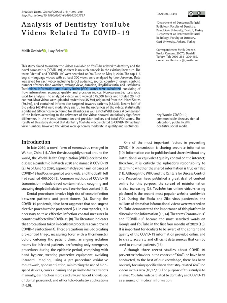 Analysis of Dentistry Youtube Videos Related To Covid19 Brazilian Dental Journal (2020) 31 (4